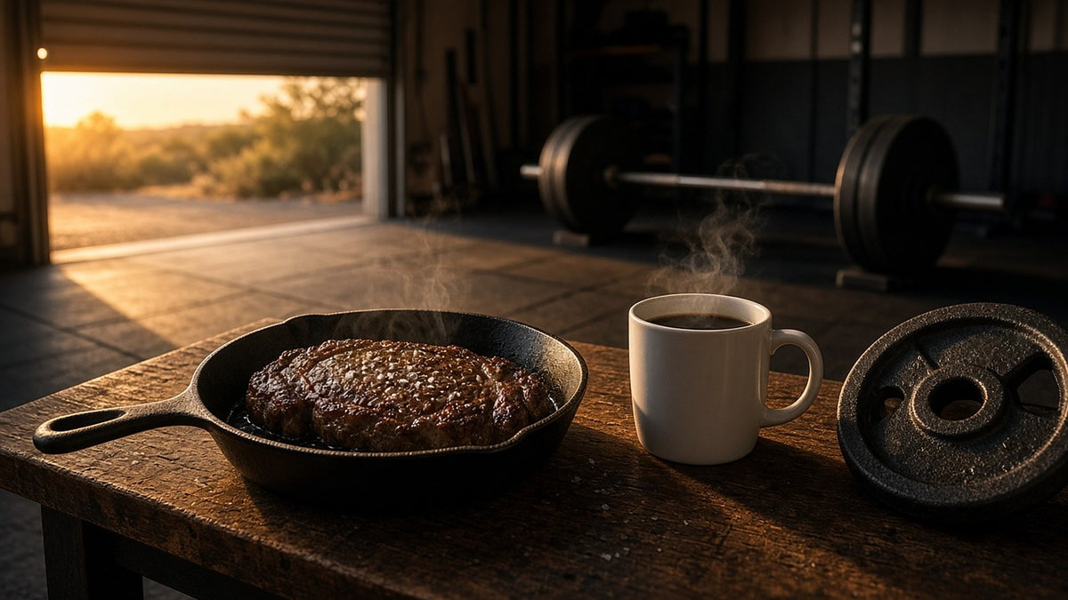 A seared steak in a cast-iron skillet, a mug of coffee and a weight plate on a workbench in a garage gym at sunrise