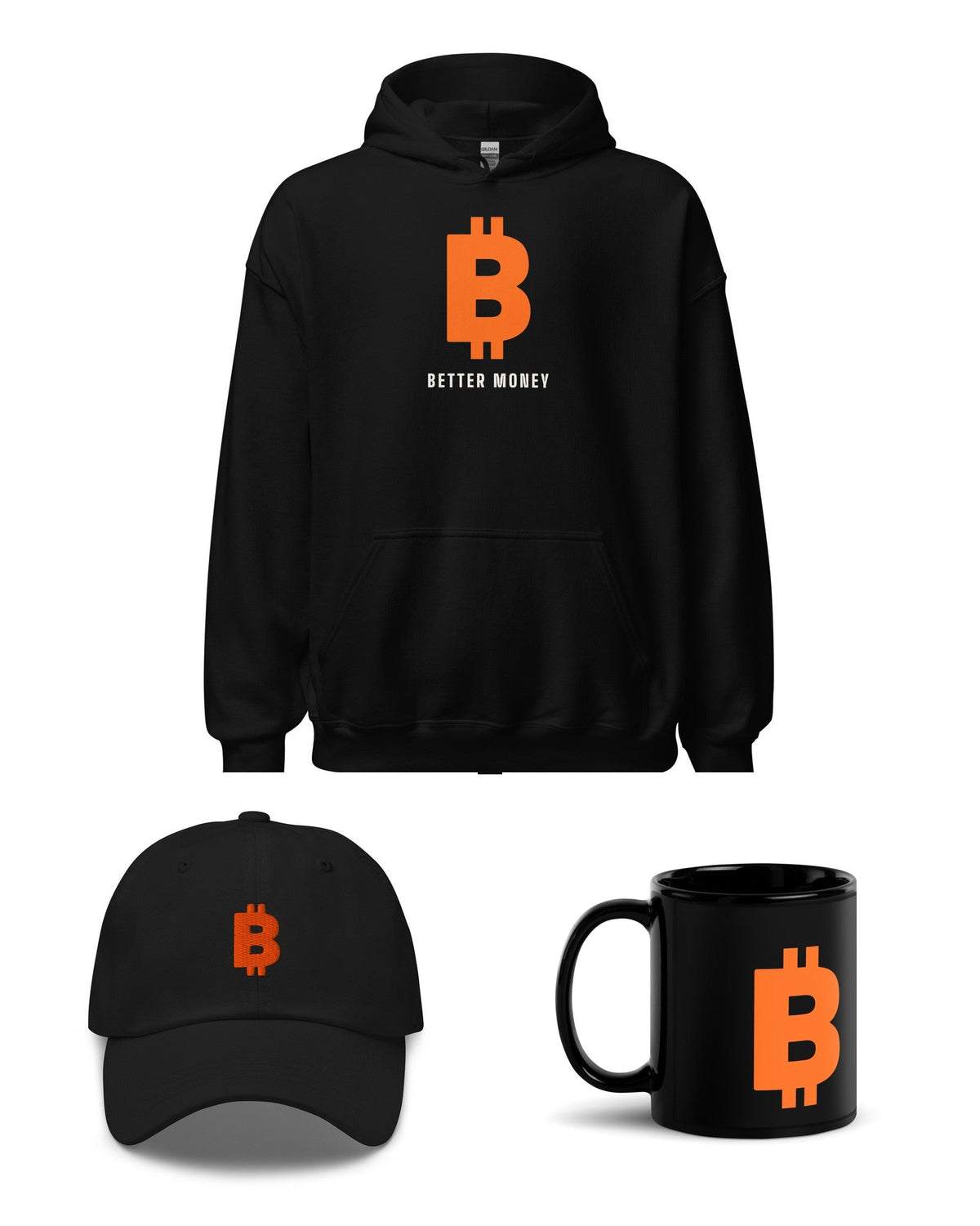 Bitcoin collection: Better Money hoodie, Bitcoin mark dad hat and black mug