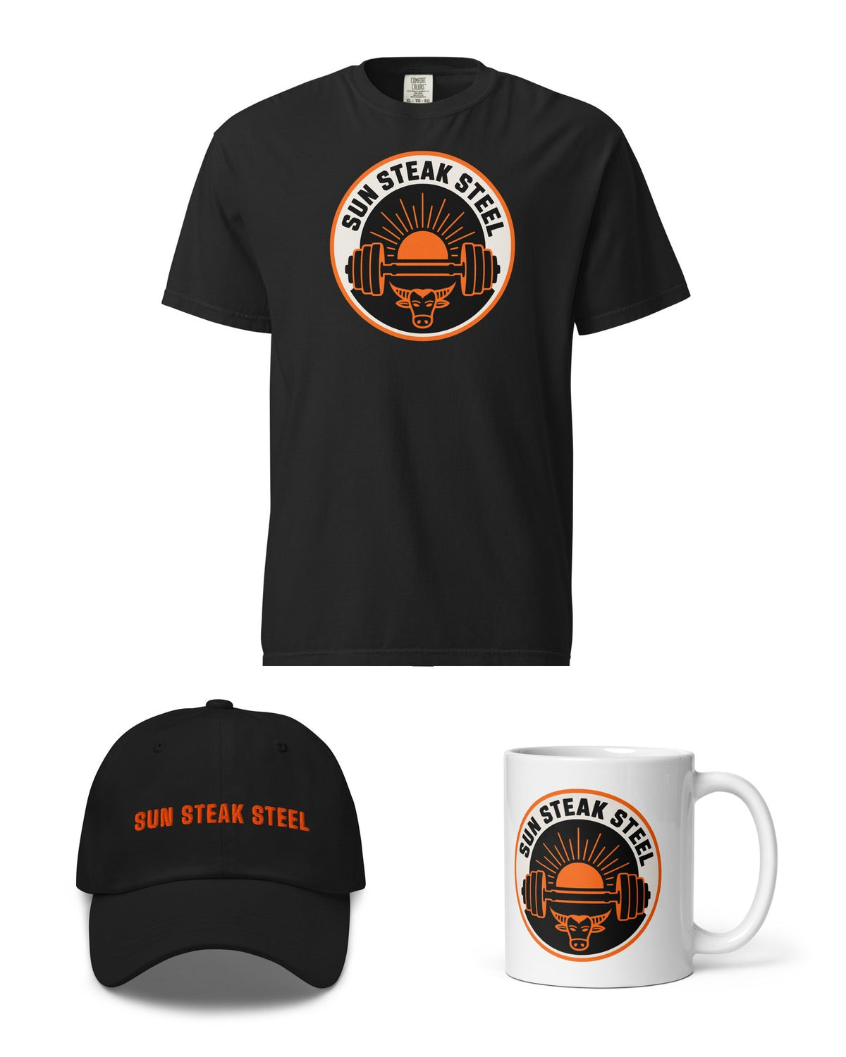 Sun Steak Steel collection: badge tee, dad hat and badge mug