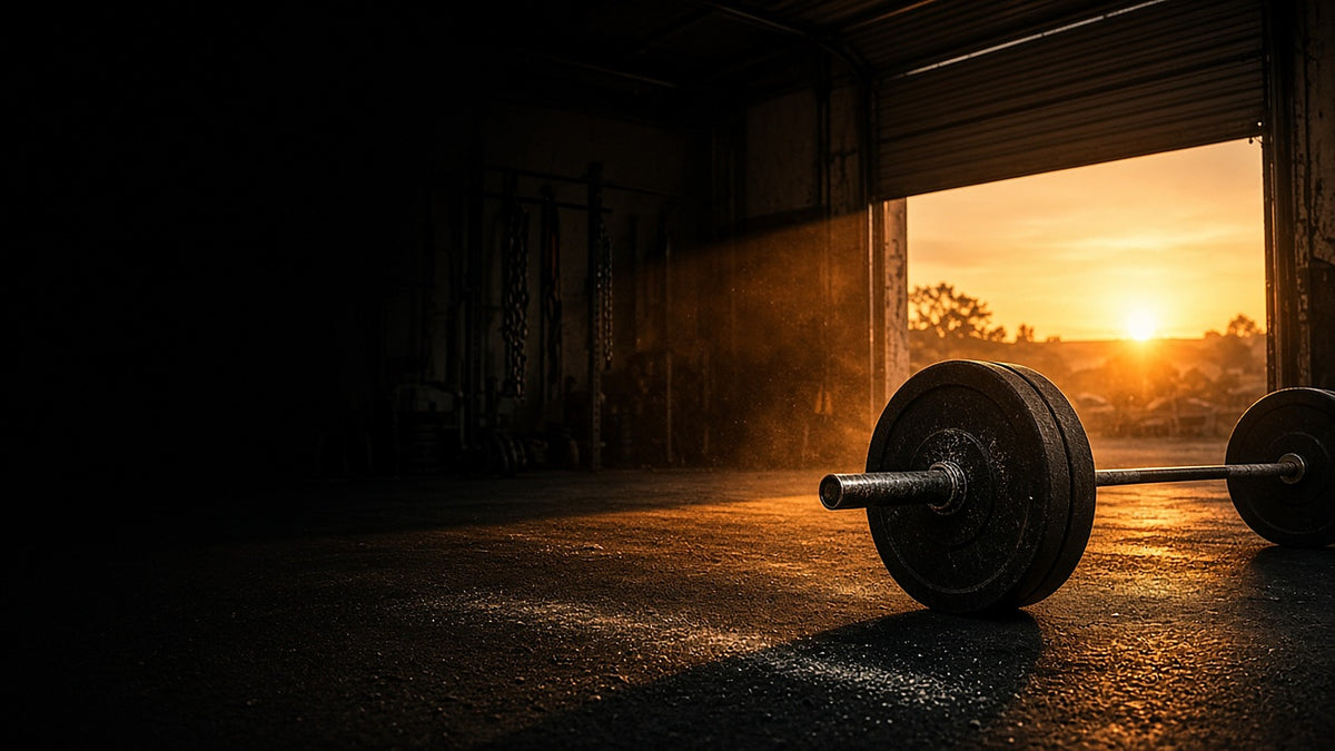 Barbell on a garage gym floor at sunrise