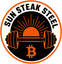Sun Steak Steel badge logo with orange Bitcoin symbol