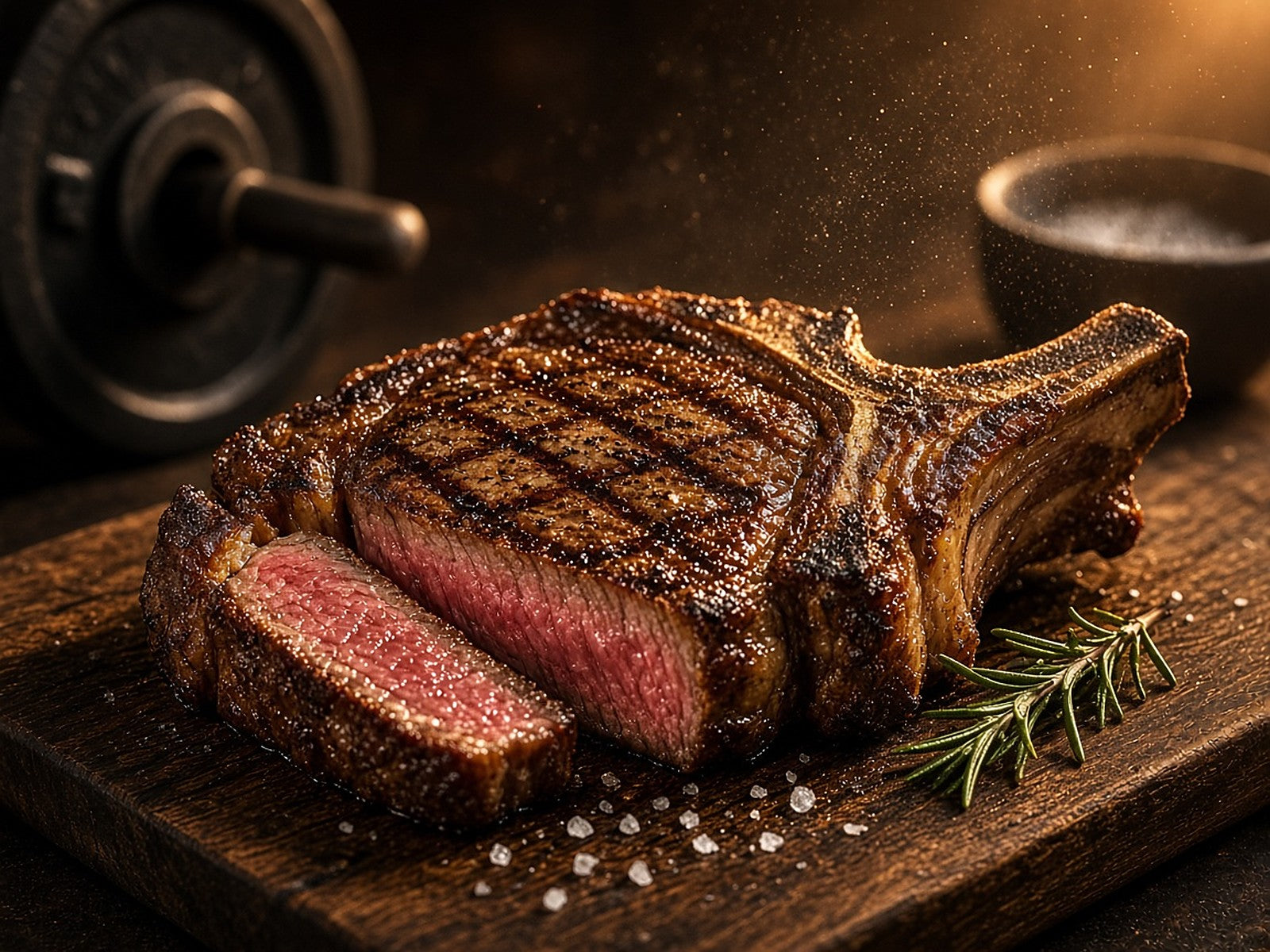 Thick-cut bone-in ribeye steak with grill marks, sliced medium-rare on a dark wooden board, with a barbell plate in warm sunrise light