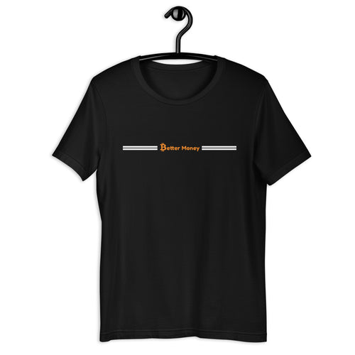 Better Money bitcoin tee in Black, small orange ₿etter Money chest print between white stripes