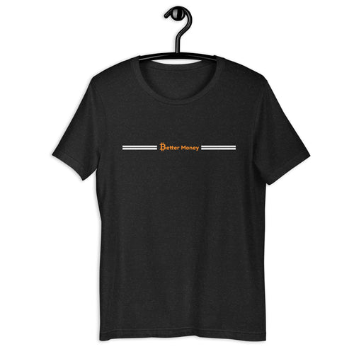 Better Money bitcoin tee in Black Heather, small orange ₿etter Money chest print between white stripes
